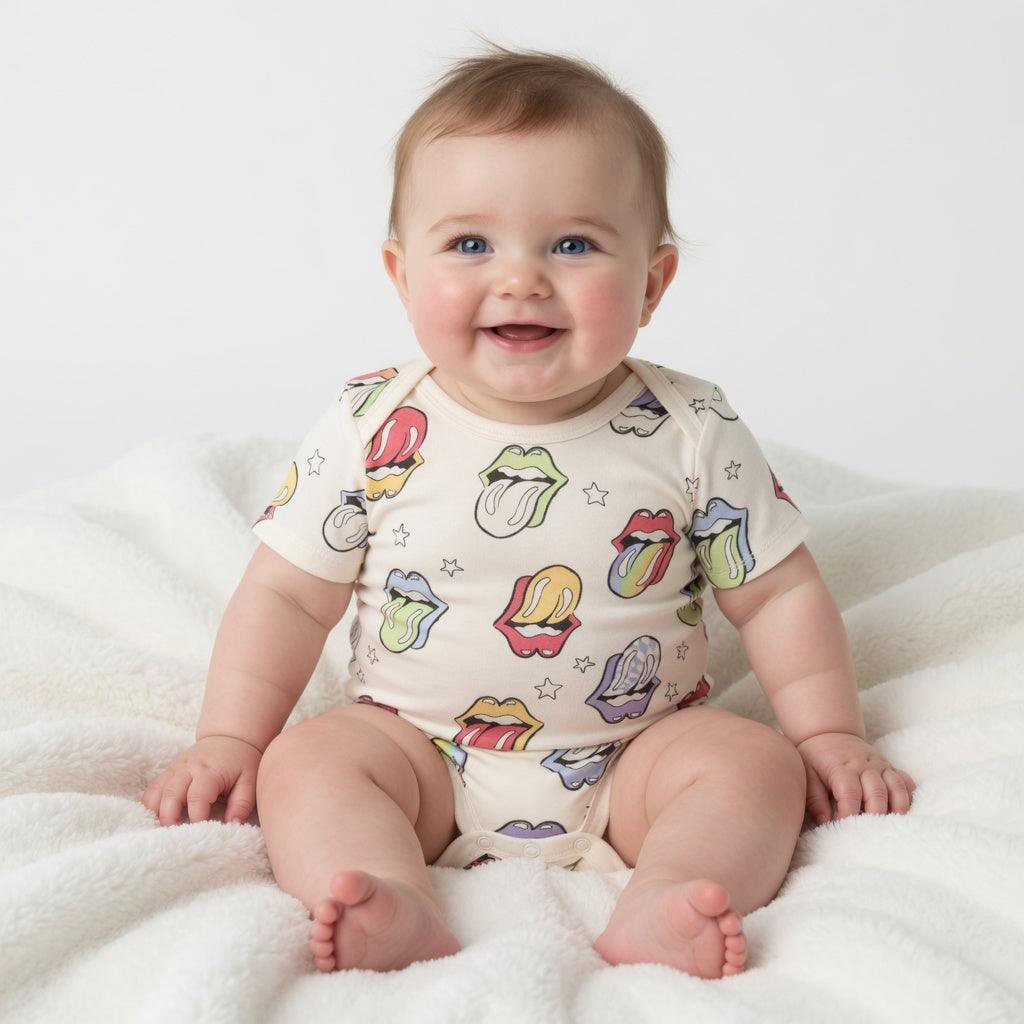 Hey Baby Box cream cotton short-sleeve onesie with a repeating pattern of colorful Rolling Stones lips and stars.