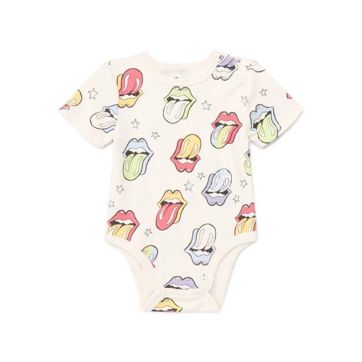 Hey Baby Box cream cotton short-sleeve onesie with a repeating pattern of colorful Rolling Stones lips and stars.