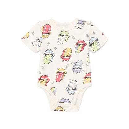 Hey Baby Box cream cotton short-sleeve onesie with a repeating pattern of colorful Rolling Stones lips and stars.