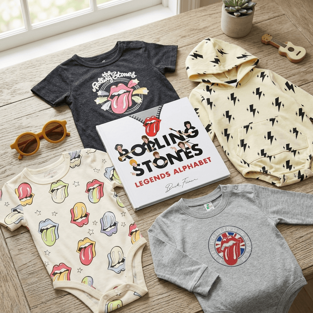 Collection of Rolling Stones-themed children's clothing and a book on a wooden surface.