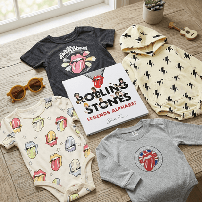 Collection of Rolling Stones-themed children's clothing and a book on a wooden surface.
