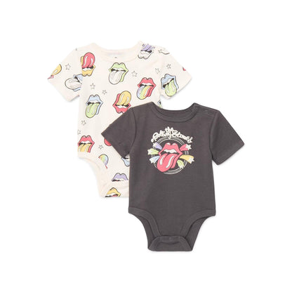 Hey Baby Box Rolling Stones inspired baby onesies: one cream with multicolor lips and stars, one charcoal with band logo.