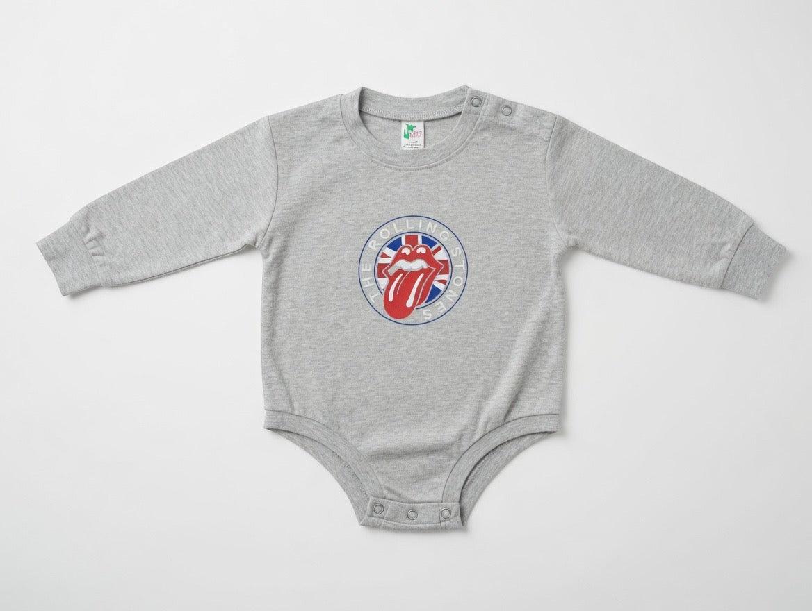 Hey Baby Box grey long-sleeve baby onesie with The Rolling Stones lips logo and Union Jack detail.