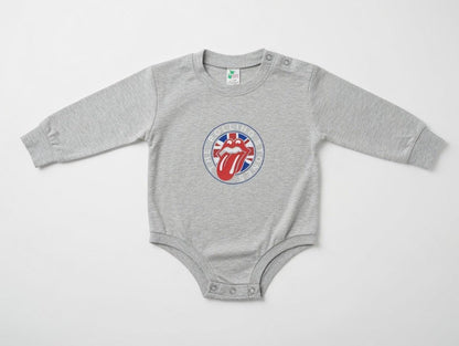 Hey Baby Box grey long-sleeve baby onesie with The Rolling Stones lips logo and Union Jack detail.