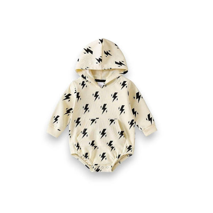 Hey Baby Box cream hooded onesie with black lightning bolt print and front pocket. Soft cotton blend.