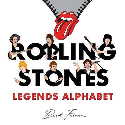 Hey Baby Box Rolling Stones Legends Alphabet book cover with band members illustrated within the letters and the iconic tongue logo.