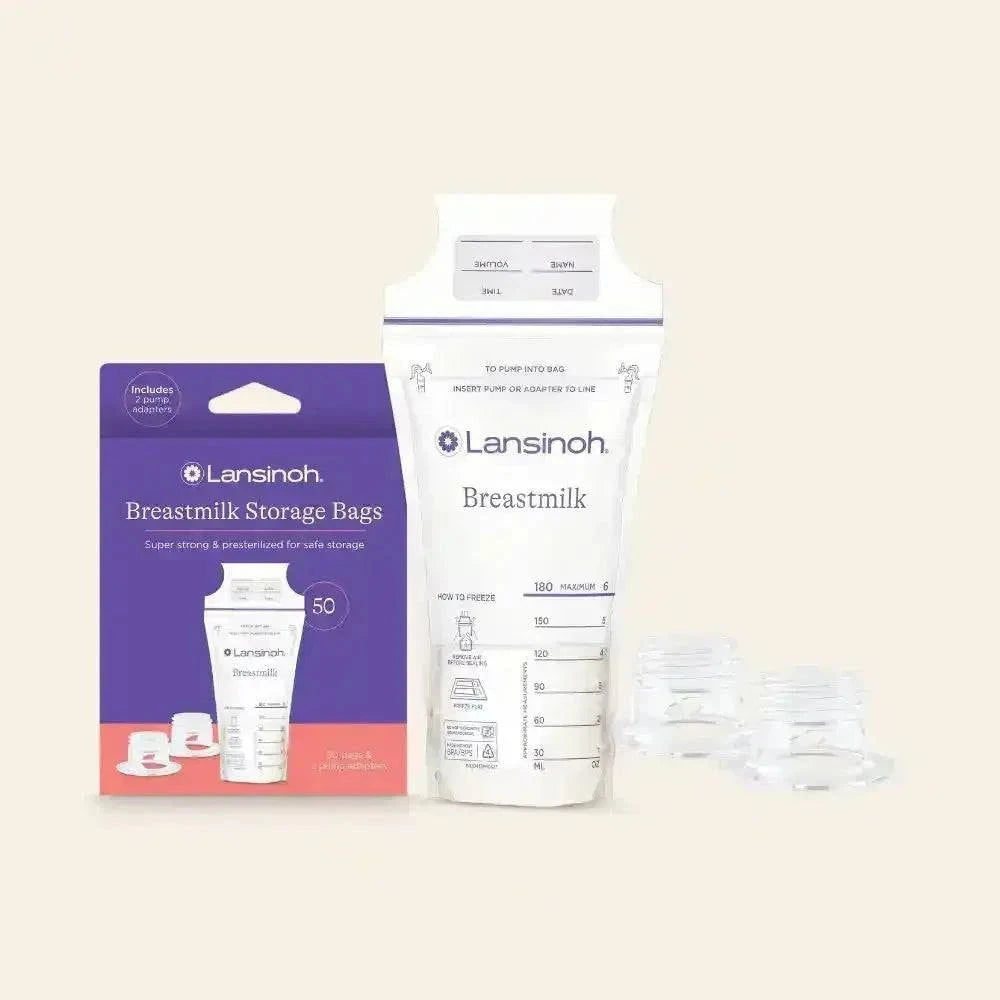 Lansinoh breastmilk storage bags with pump adapters, pre-sterilized for safe milk storage and freezing