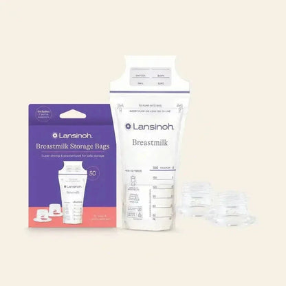 Lansinoh breastmilk storage bags with pump adapters, pre-sterilized for safe milk storage and freezing
