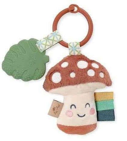 Adorable mushroom plush toy with leaf teether and ribbons, perfect for baby showers and themed gifts