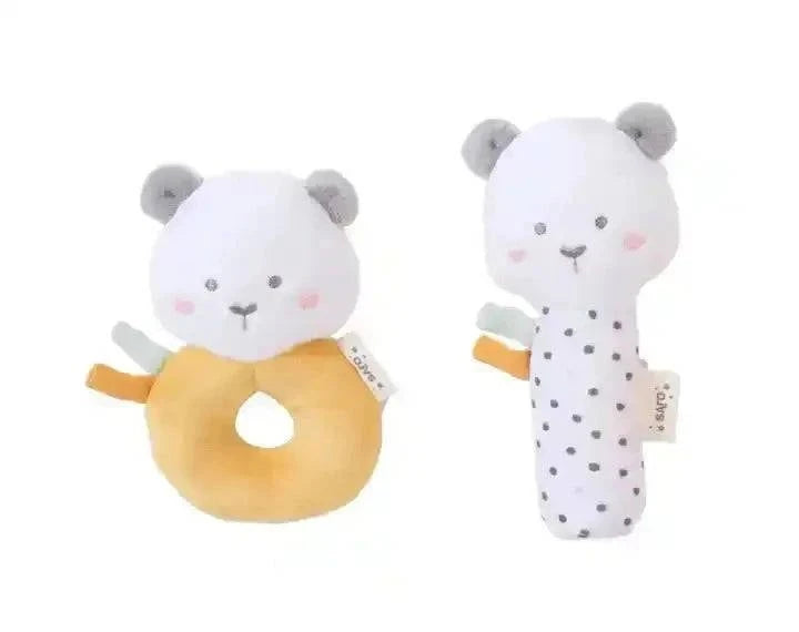Adorable panda baby rattle and teether set with polka dot design, perfect for newborns and baby showers