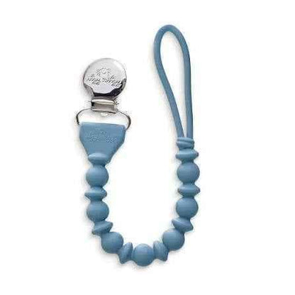 Blue silicone teething pacifier clip with beaded chain and metal clasp for baby essentials