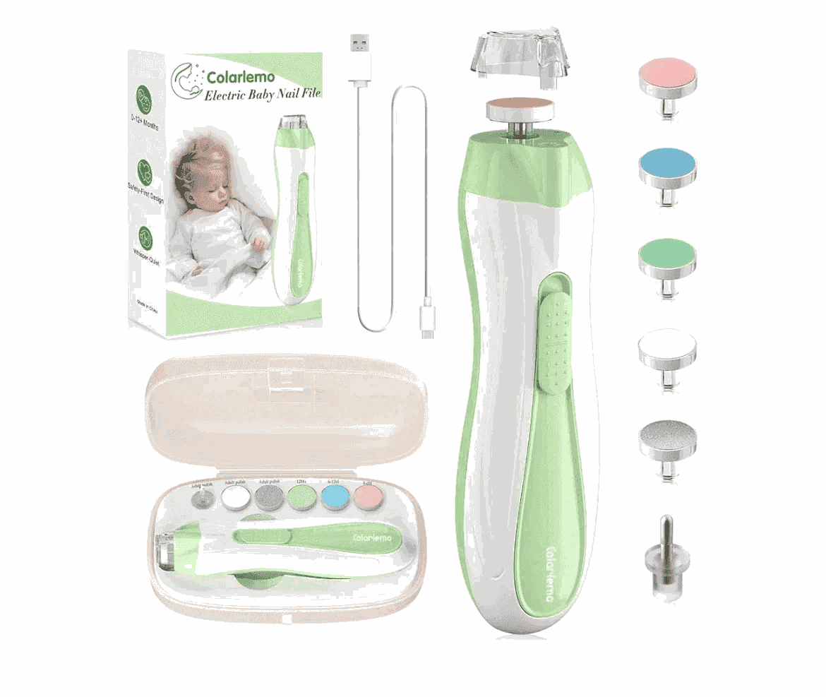 Green and white electric baby nail file with USB charger, travel case, and multiple safety tips for newborns