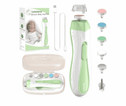 Green and white electric baby nail file with USB charger, travel case, and multiple safety tips for newborns