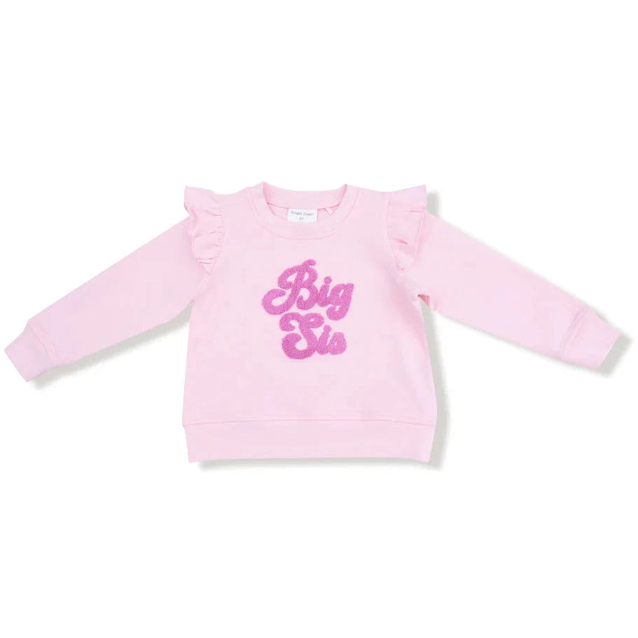 Pink sweatshirt with 'Big Sis' text on a white background