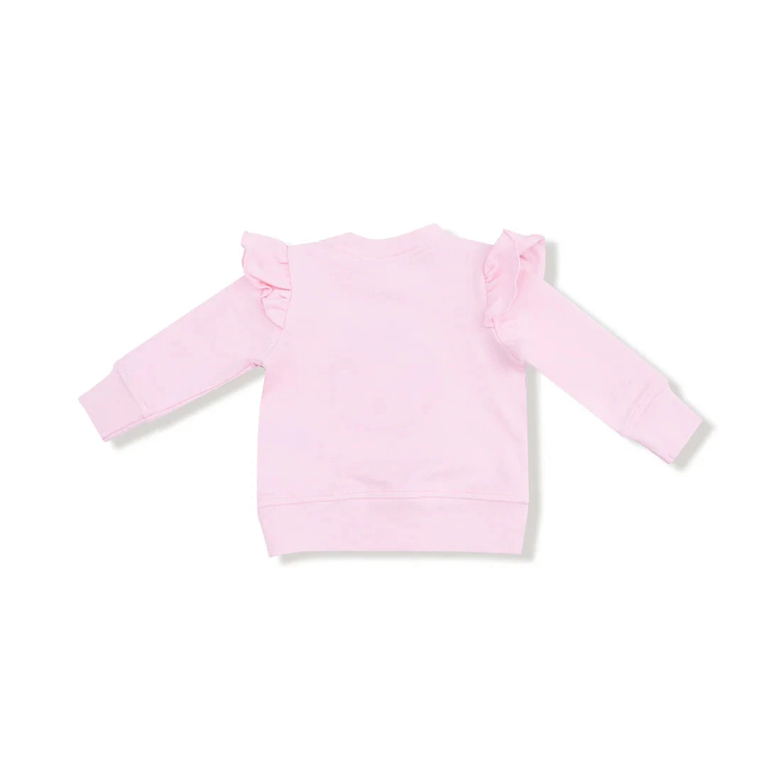 Pink long-sleeve top with ruffled shoulders on a white background