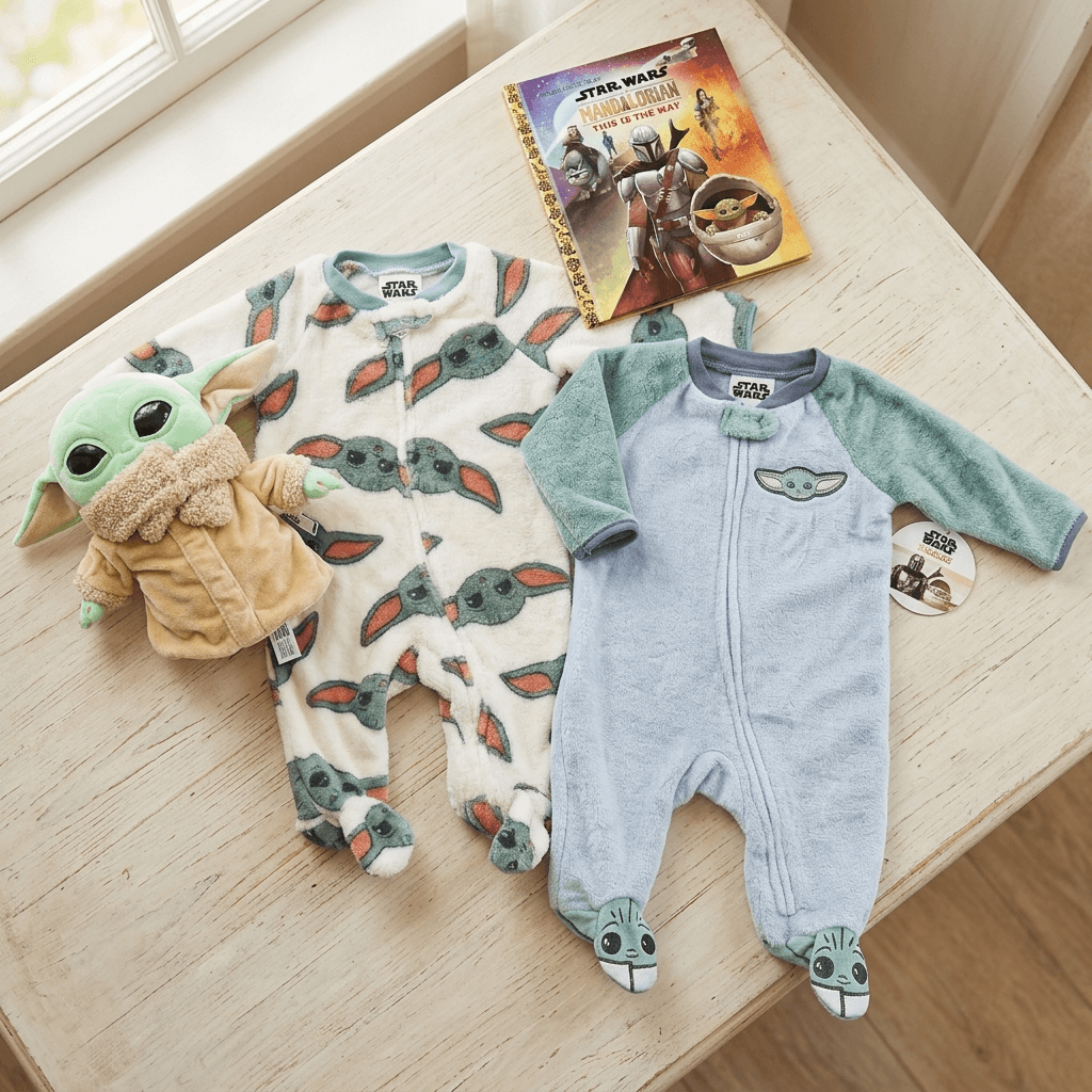 Two baby onesies inspired by 'The Child' from 'Star Wars' on a wooden surface with a 'Star Wars' book.