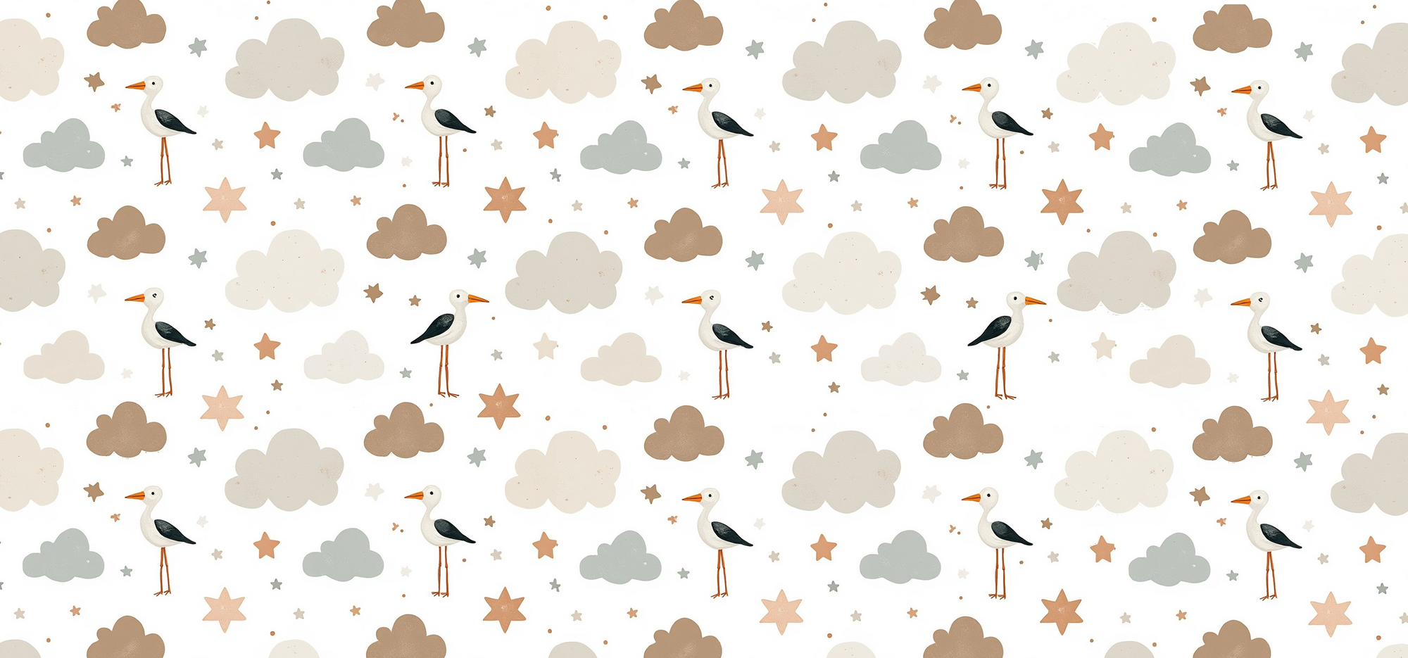 Pattern of clouds, stars, and storks on a white background