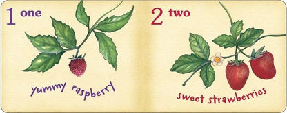 Hey Baby Box book page with illustrations of a raspberry and two strawberries, with numbers and text.