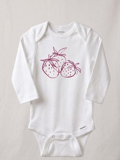 Hey Baby Box white long-sleeve baby onesie with a dark pink strawberry graphic print. Cotton material, snap closure.