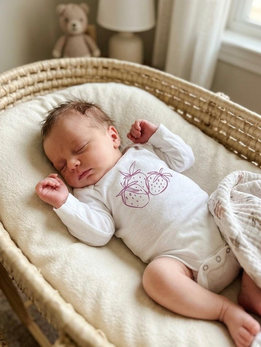 Hey Baby Box white long-sleeve baby onesie with a purple strawberry graphic, worn by a sleeping newborn in a bassinet.
