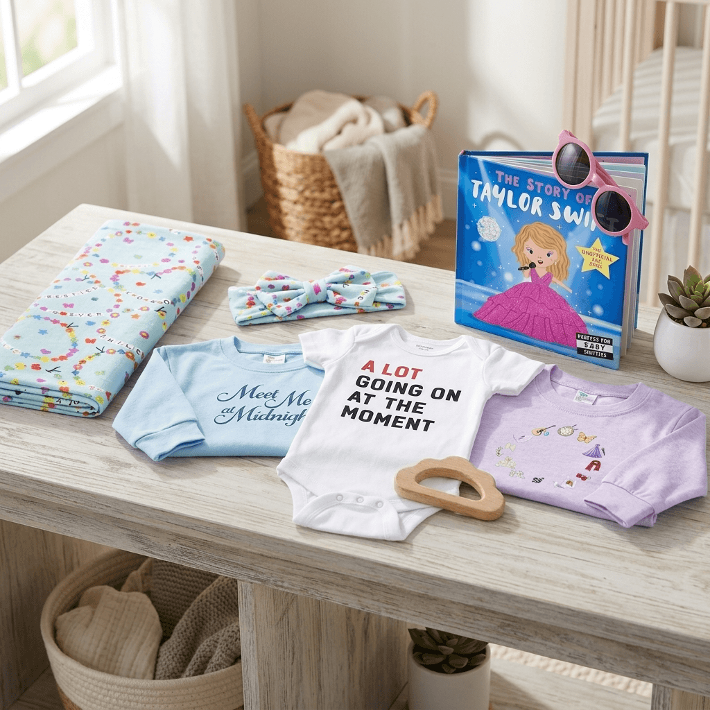 Baby clothing and items on a wooden table in a nursery setting