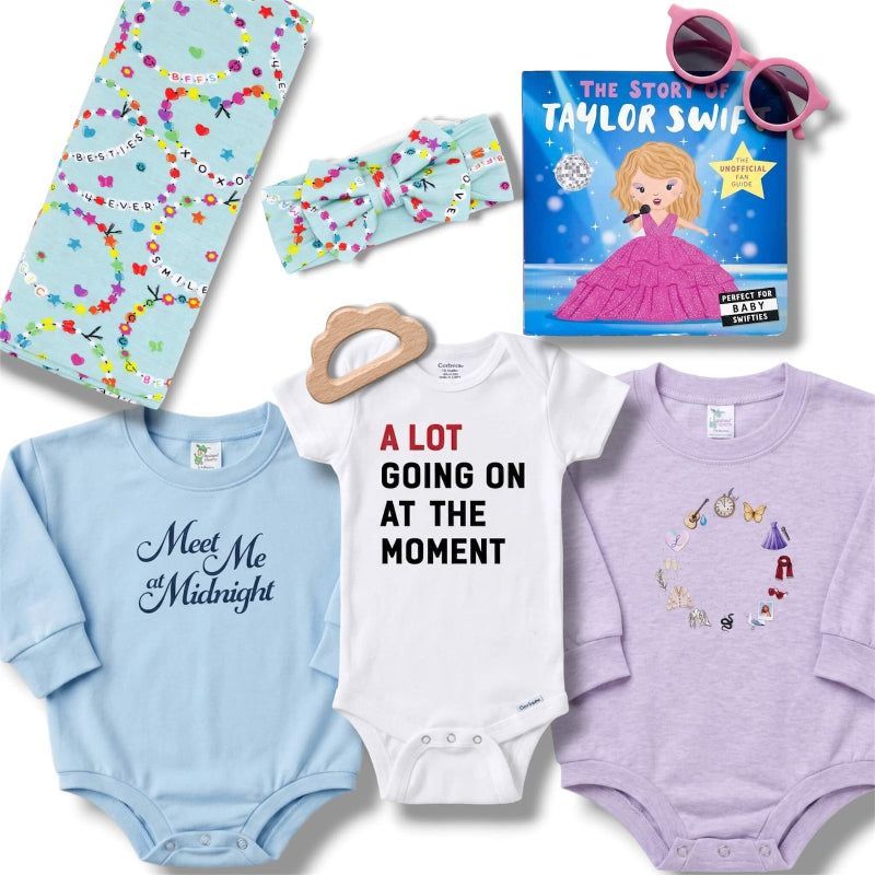 Collection of baby items including onesies, a book, and sunglasses on a white background