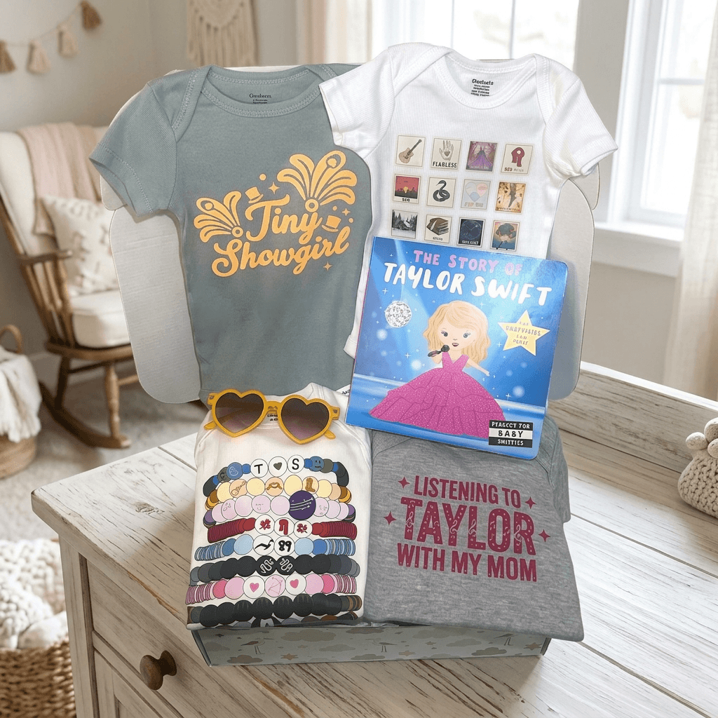 Collection of t-shirts and a book on a wooden surface with a baby chair in the background.