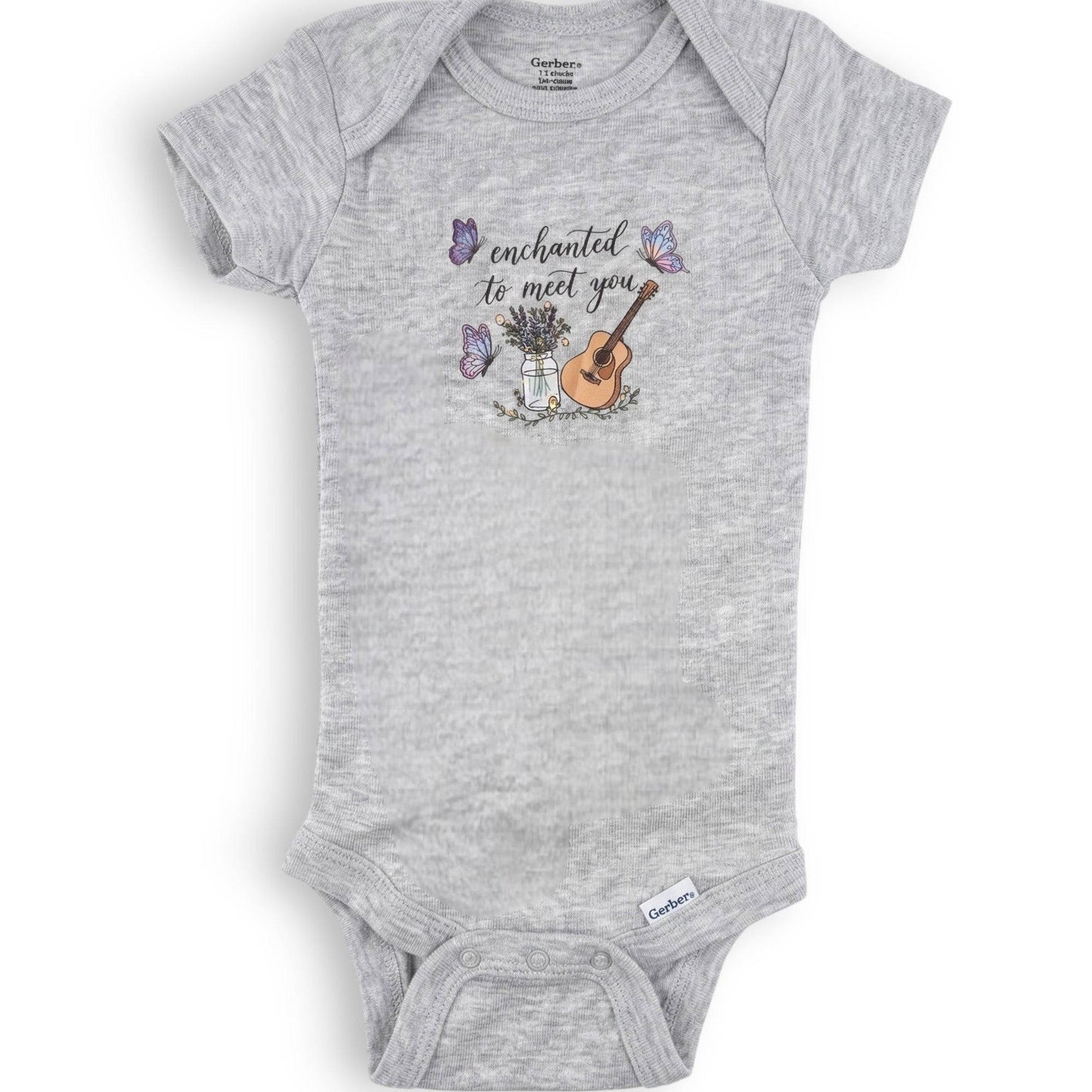 Gray baby onesie with musical design and text on a white background