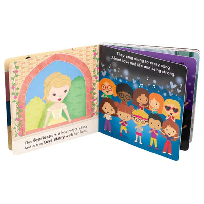 Children's book open to two pages with illustrations of a fairy and children, on a white background.