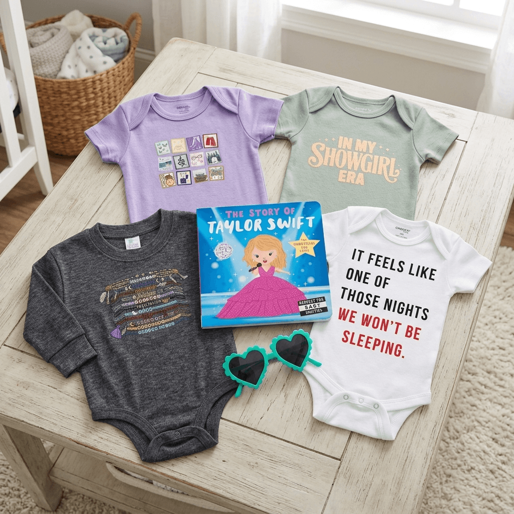 Four baby onesies and a book titled 'The Story of Taylor Swift' on a wooden surface.