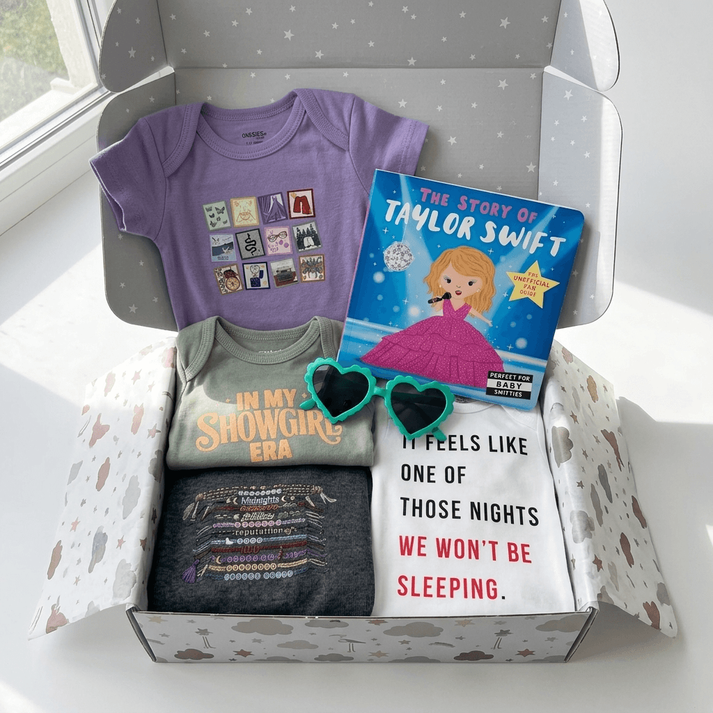 Box containing baby clothes and a book titled 'The Story of Taylor Swift' on a white surface.