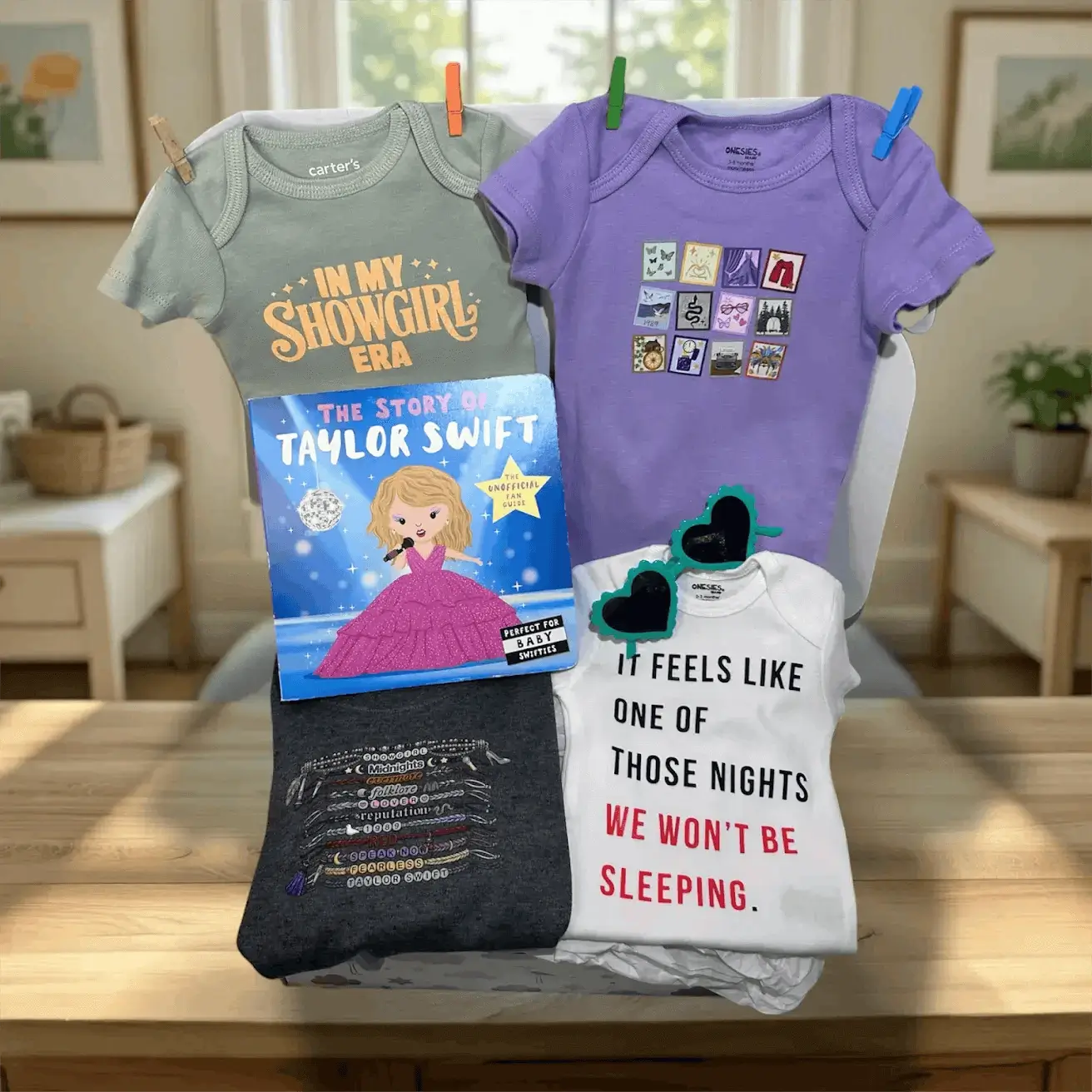 Collection of baby clothes and a book on a table with a home setting in the background