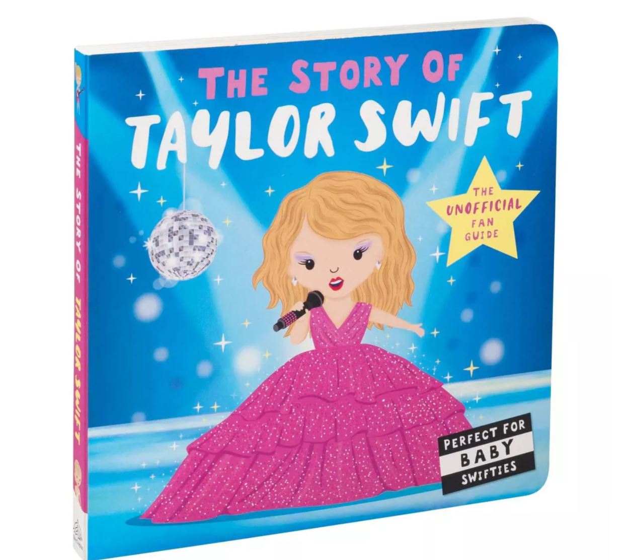 Book titled 'The Story of Taylor Swift' with a cartoon character in a pink dress on a blue background.