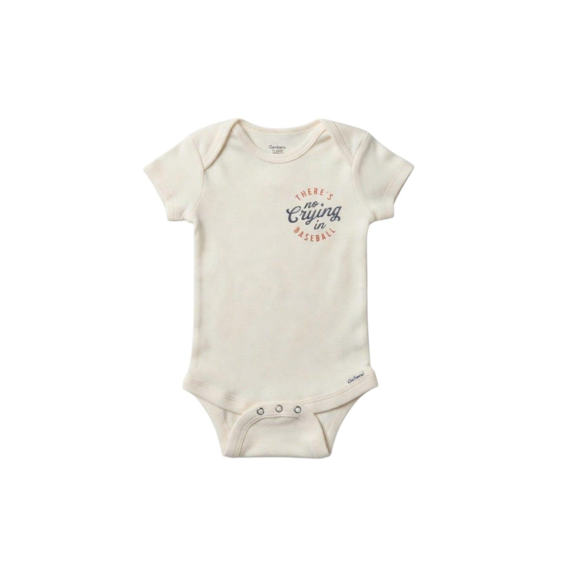 Baby onesie with text on a white background