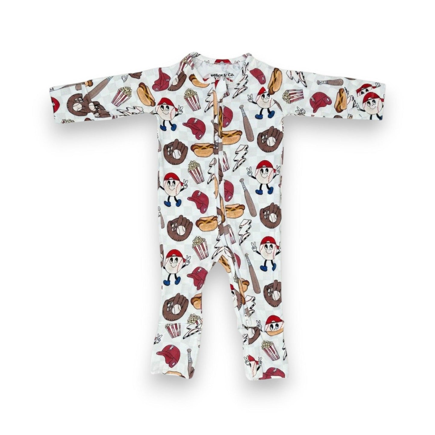Baby onesie with baseball-themed print on a white background