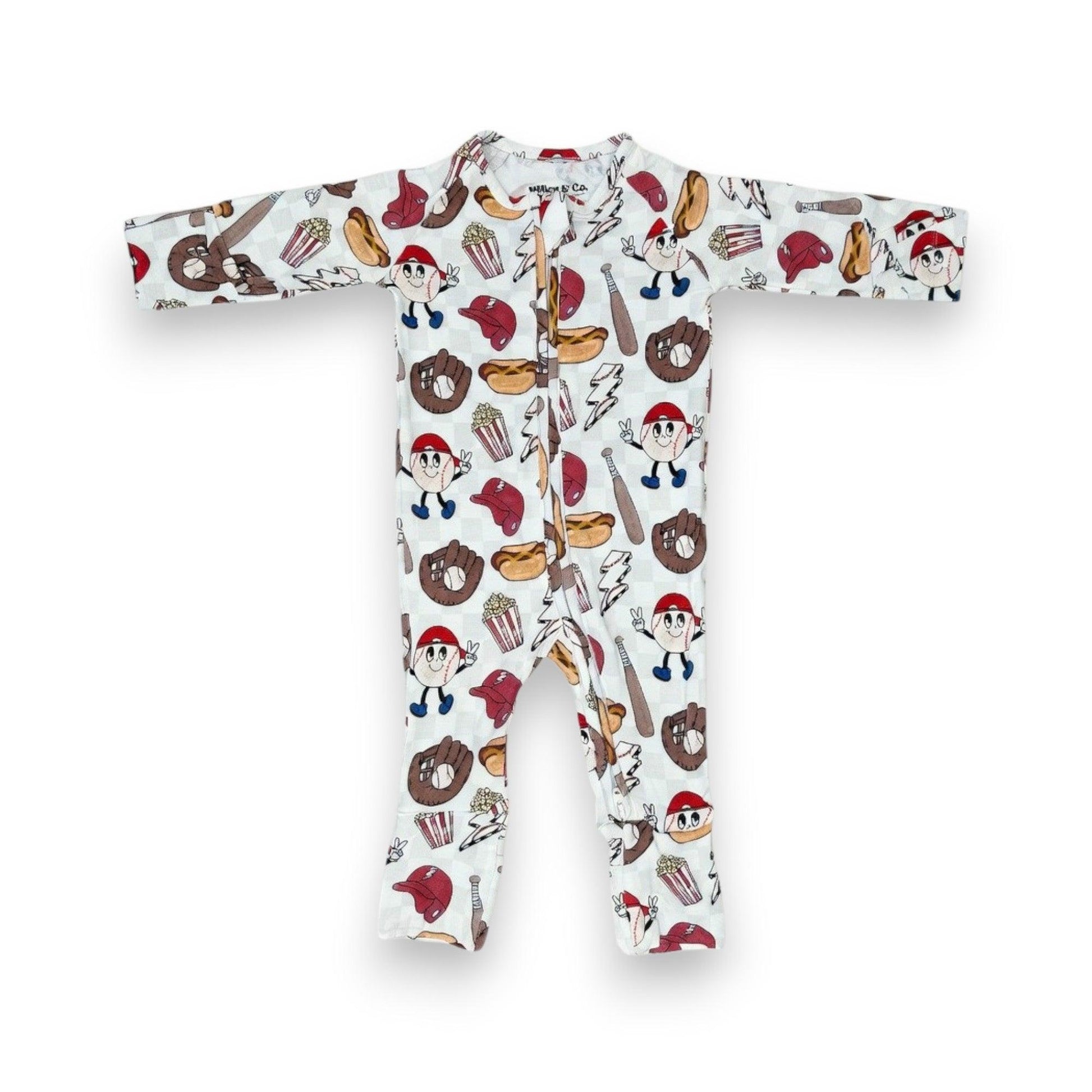 Baby onesie with baseball-themed print on a white background