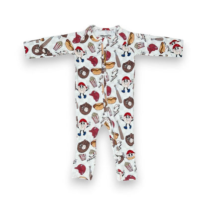 Baby onesie with baseball-themed print on a white background