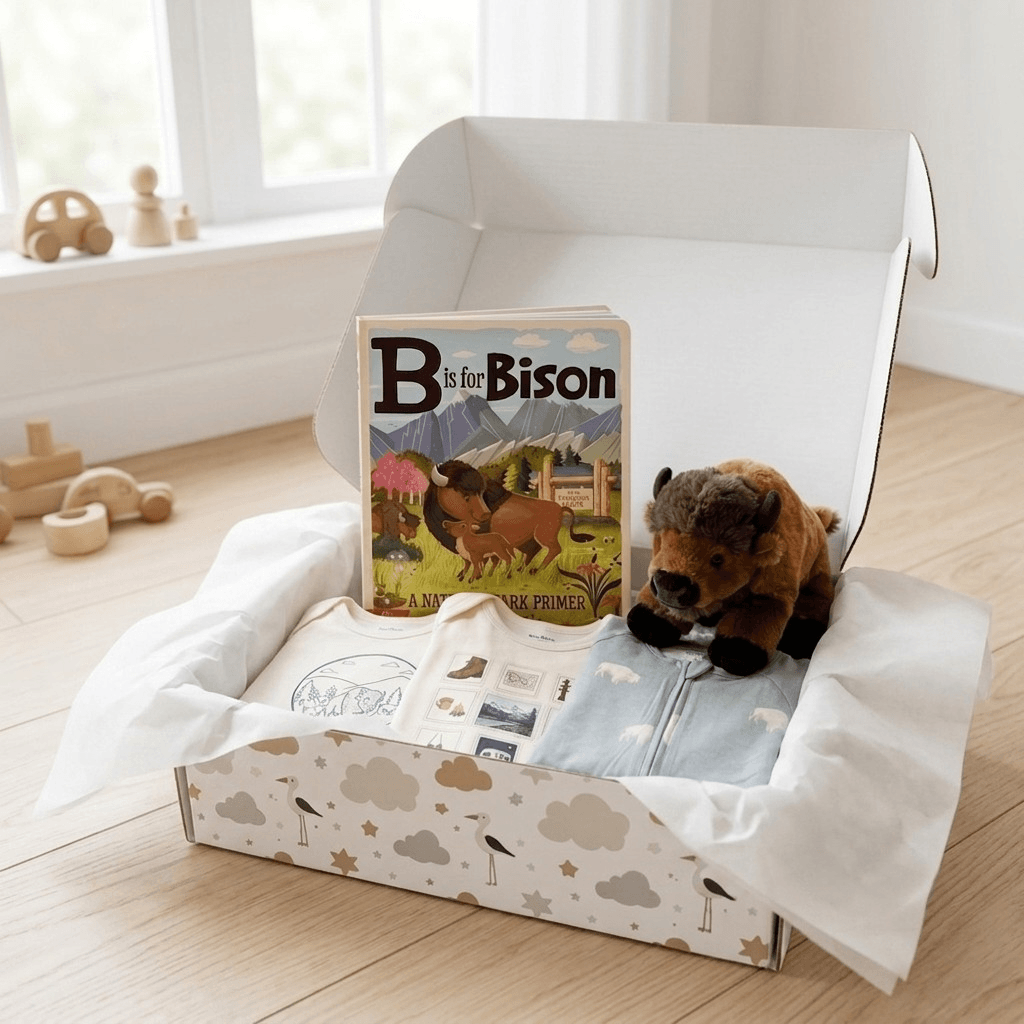 A baby gift box set on a light wood floor in a bright room, containing a 'B is for Bison' book, a plush bison toy, a white onesie, and a small gift set, all arranged inside an open patterned box with tissue paper.