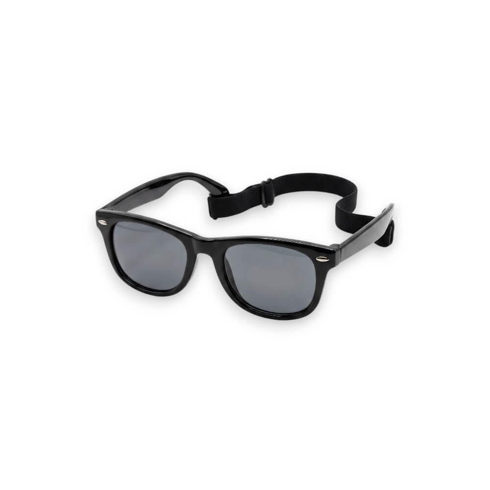 Black sunglasses with a flexible strap that extends from the top of the frame, shown on a plain white background.