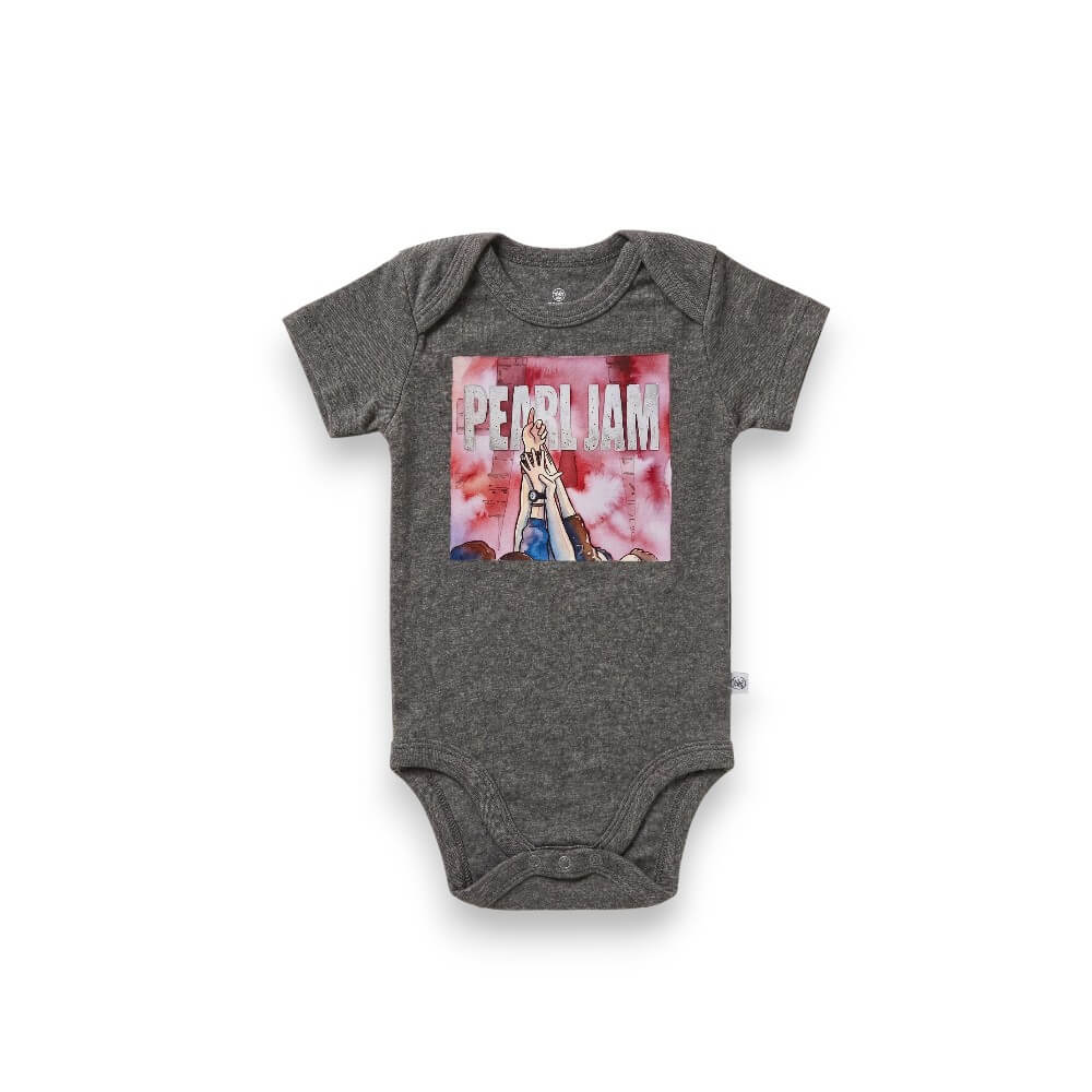 A dark gray heather baby bodysuit featuring a square graphic print of Pearl Jam's 'Stadium' album art on the chest, displayed against a plain white background.