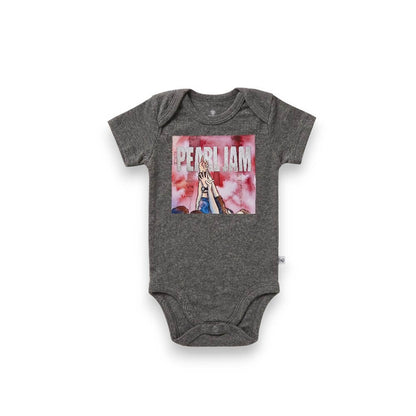 A dark gray heather baby bodysuit featuring a square graphic print of Pearl Jam's 'Stadium' album art on the chest, displayed against a plain white background.