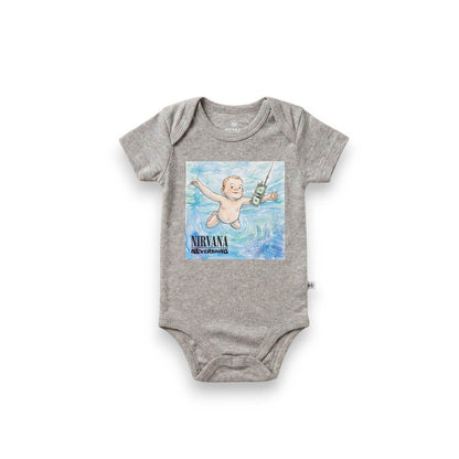 A baby short-sleeve bodysuit in heather gray, featuring a colorful graphic print of a baby floating on water with the text on the front, displayed against a plain white background.