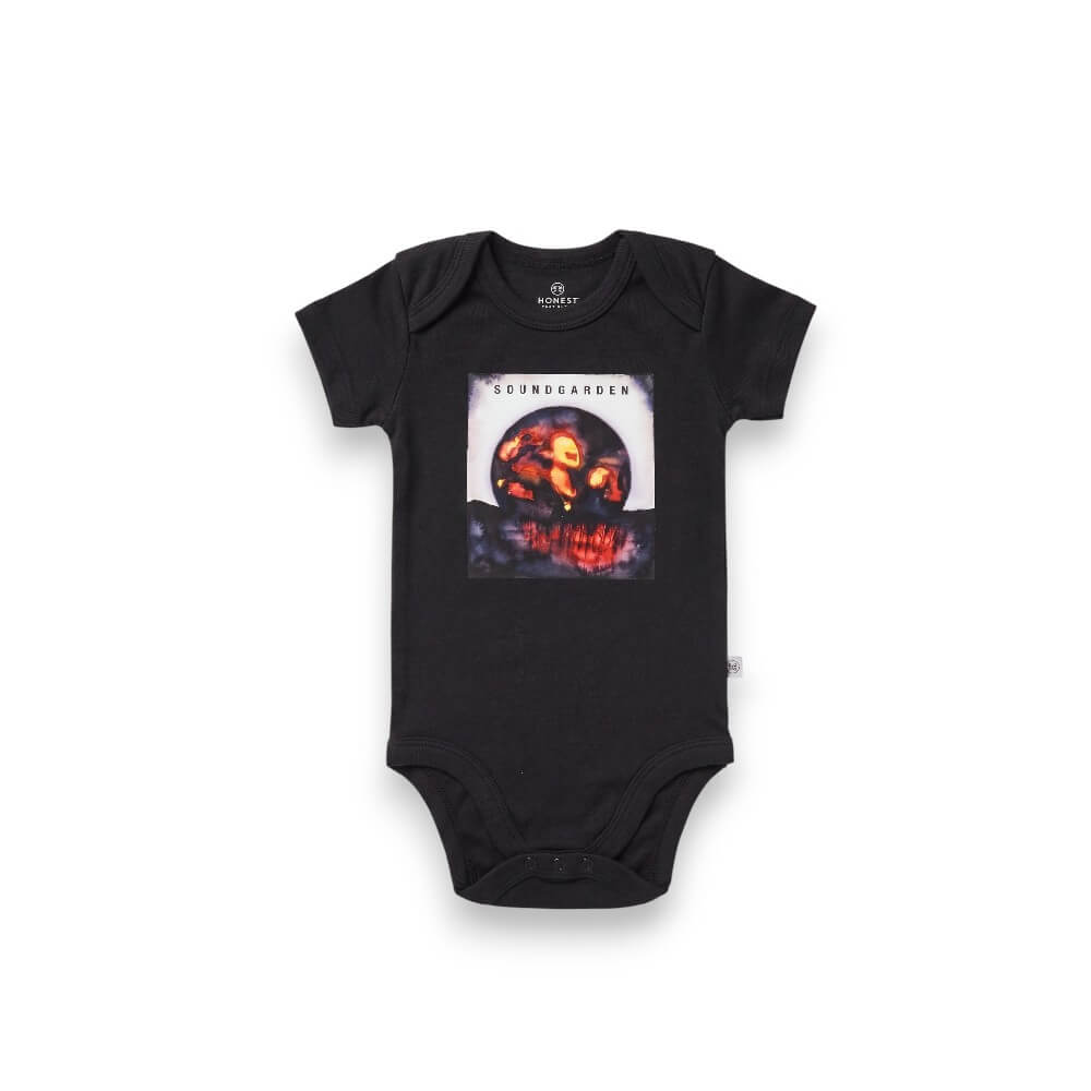 A black short-sleeve baby bodysuit featuring a square graphic print of the band Soundgarden's 'My Dark Fantasy' album art on the chest, displayed flat against a white background.