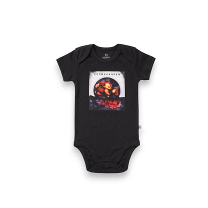 A black short-sleeve baby bodysuit featuring a square graphic print of the band Soundgarden's 'My Dark Fantasy' album art on the chest, displayed flat against a white background.