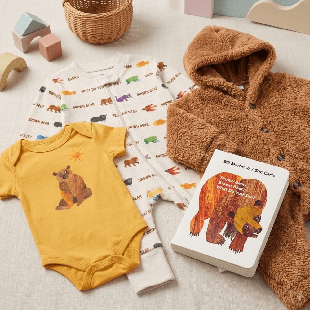 A styled flat-lay of baby clothing and a children's book on a light fabric surface. The set includes a mustard yellow short-sleeve bodysuit with a bear graphic, a cream one-piece with colorful animal prints and 'Brown Bear' text, a brown plush hooded cardigan, and a children's book titled 'Brown Bear, Who Stole Your Candy'.