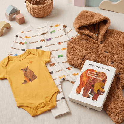 A styled flat-lay of baby clothing and a children's book on a light fabric surface. The set includes a mustard yellow short-sleeve bodysuit with a bear graphic, a cream one-piece with colorful animal prints and 'Brown Bear' text, a brown plush hooded cardigan, and a children's book titled 'Brown Bear, Who Stole Your Candy'.