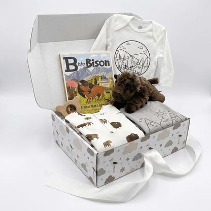 A baby gift set in a patterned box with a white long-sleeve bodysuit, a white onesie, a book titled 'B is for Bison', a plush bison toy, and folded baby clothes, arranged in an open gift box on a white background.