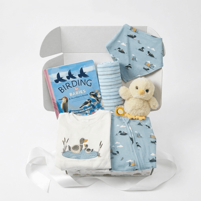 A baby gift box set containing a 'Birding for Babies' book, a white baby t-shirt with a duck illustration, a light blue zippered romper with a penguin print, a striped baby wrap, a matching folded cloth, and a plush yellow duck toy, all arranged in an open white box with a white ribbon.
