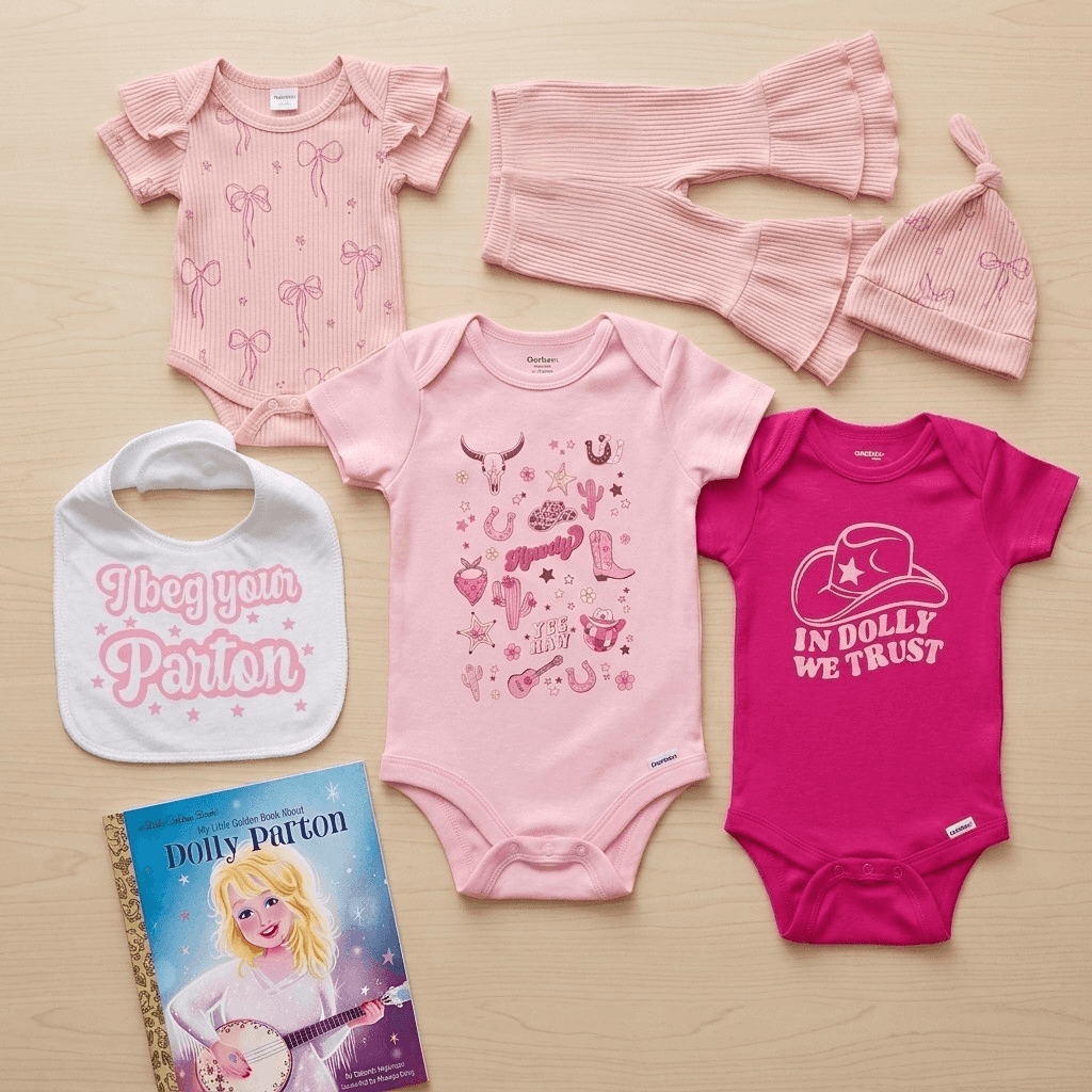 A coordinated baby clothing set laid flat on a light wood surface, including a pink short-sleeve bodysuit with bow prints, a pink striped leg warmer and hat, a white bib reading 'Ibeg you Parton,' a pink printed bodysuit with western motifs, a bright pink bodysuit with 'IN DOLLY WE TRUST' and a cowboy hat graphic, and a Dolly Parton book.