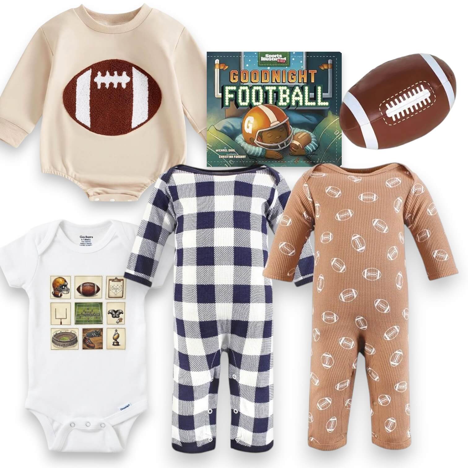 A baby football-themed clothing set featuring a beige long-sleeve romper with a football graphic, a white bodysuit with football illustrations, a navy and white plaid one-piece, a tan one-piece with football prints, and a 'Goodnight Football' book, all arranged on a white background.
